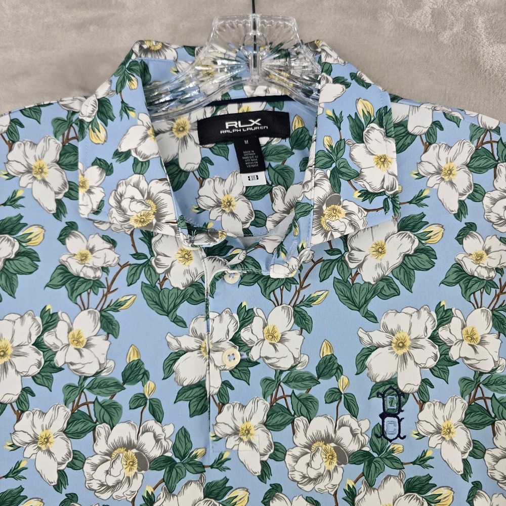 RLX Ralph Lauren Polo Shirt Mens Medium Blue Magnolia Floral Performance Golf